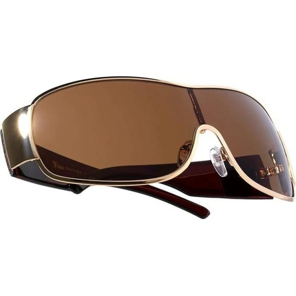 Block Curved One Piece Shield Sunglasses‎ Men's Flat Top Gold Frame Brown Lens
